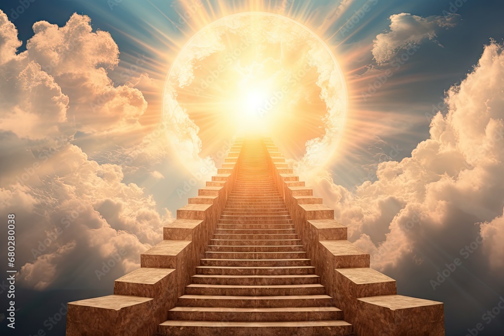  a stairway leading up into the sky with a bright sun in the middle of the sky and clouds in the background.