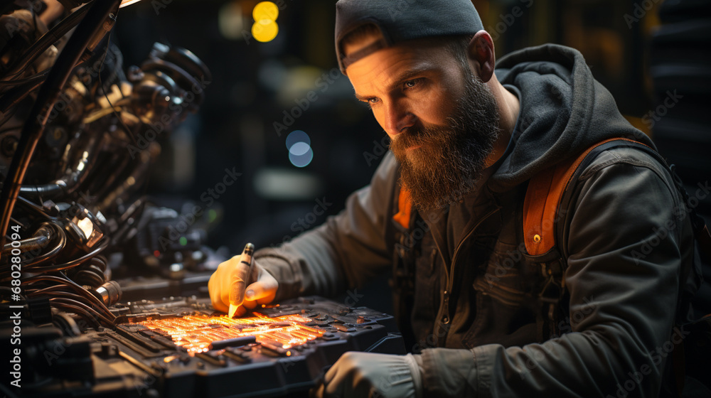 Car mechanic working in auto repair service.