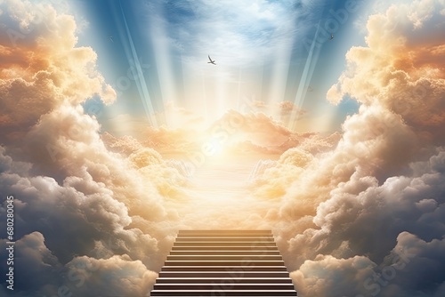  a stairway leading up to a sky filled with clouds and a bird flying over a stairway leading up to a sky filled with clouds and a stairway leading up to a sky filled with clouds. photo