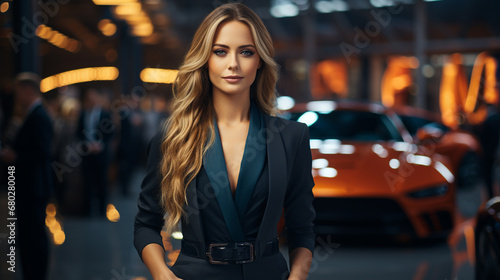 Businesswoman in front of his supercar.