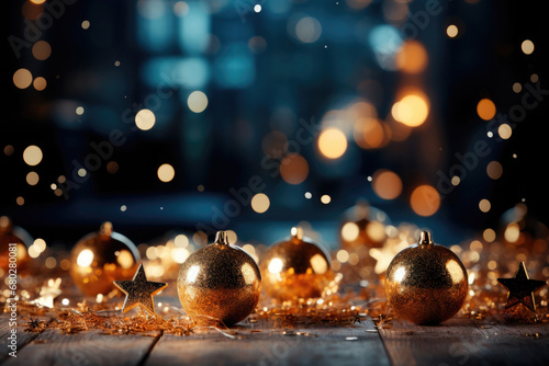 Christmas golden balls toys on background lights with copy space