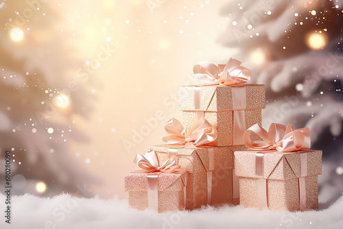 golden wrapped christmas gift box with ribbons in background snow covered trees, background with bokeh