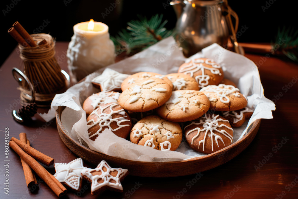 Ginger Christmas cookies on a plate on the table with candles Ginger Christmas cookies on a plate on the table with candles