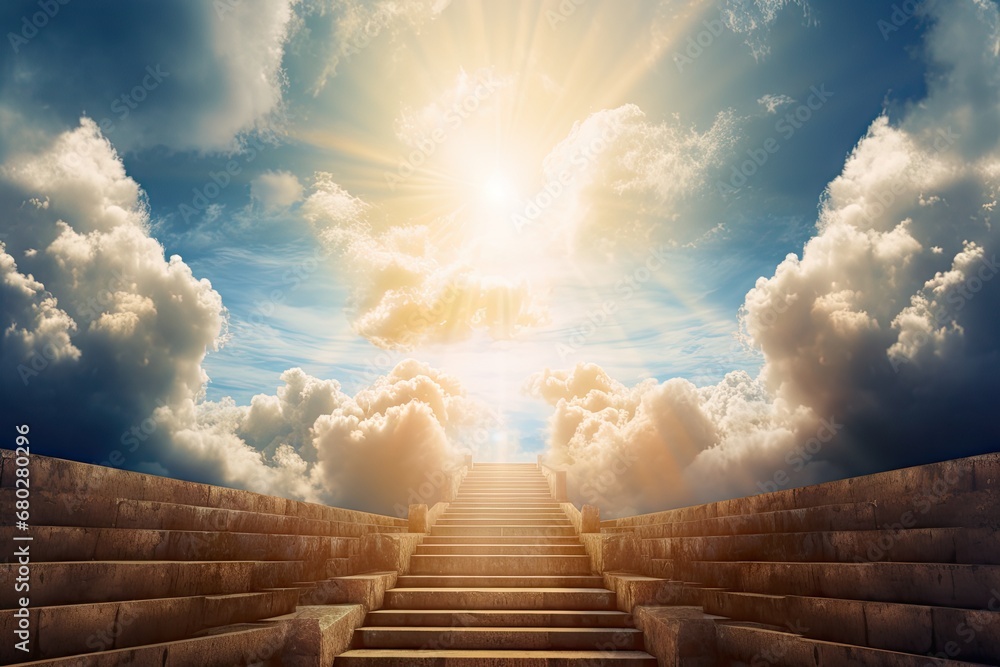  a set of steps leading to a bright sky with clouds in the background and the sun shining through the clouds.