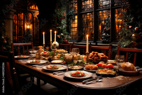 Festive table set for Christmas dinner