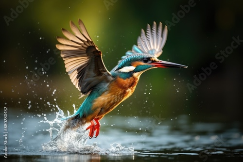  a colorful bird landing on the water with it's wings spread out and it's head above the water's surface.