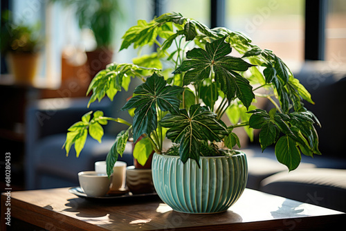 Fotografiet Indoor plant fatsia japonica in a pot in the interior of a cozy house