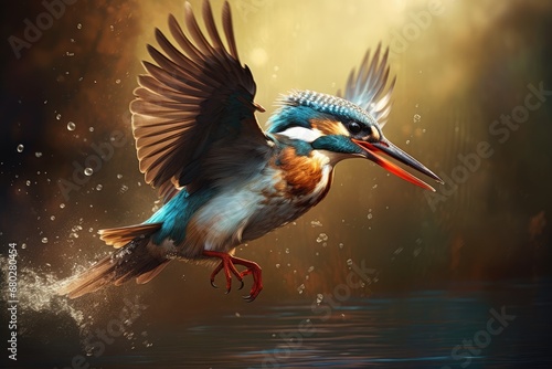  a painting of a bird with a fish in it's beak in the air above a body of water. © Nadia