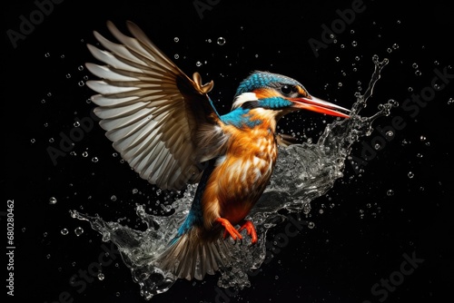  a colorful bird splashing water on it's wings with its wings extended and it's beak in the air.