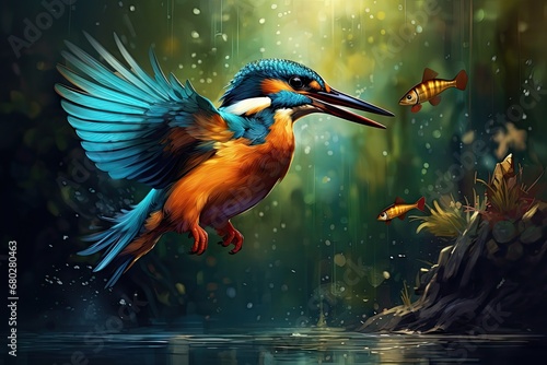  a painting of a bird with a fish in it's mouth and another fish in the water in front of it.