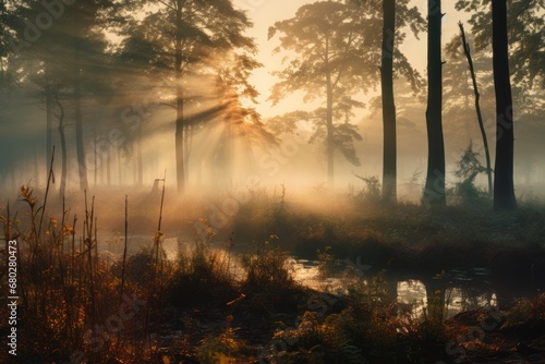  a foggy forest filled with lots of trees and a body of water surrounded by tall grass and tall trees.