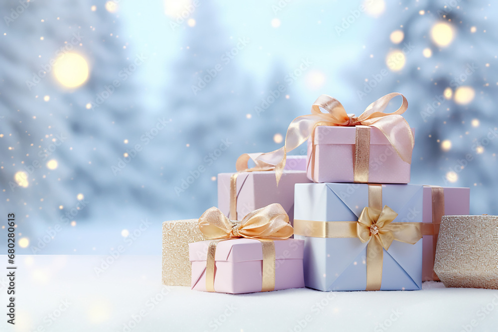 pastel colored wrapped christmas gift box with soft colored ribbons in background snow covered trees pastel colored wrapped christmas gift box with soft colored ribbons in background snow covered trees