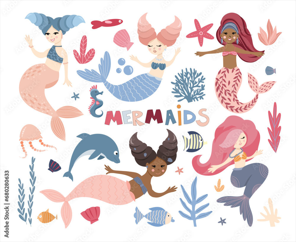 Set of swimming cute mermaids, sea plant, marine animals, corals and seaweed, vector hand drawn illustration