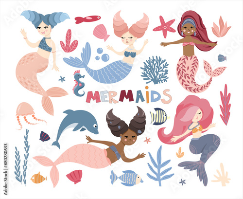 Set of swimming cute mermaids  sea plant  marine animals  corals and seaweed  vector hand drawn illustration
