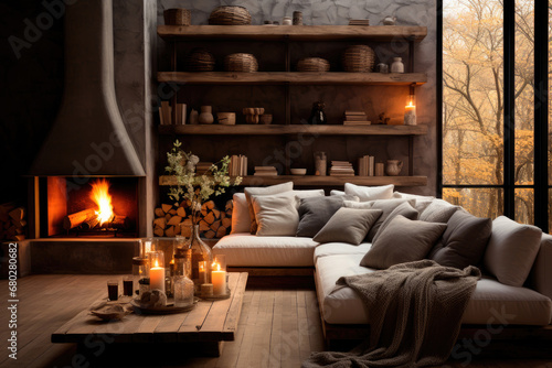 Autumn cozy decor of the living room with a sofa and a burning fireplace