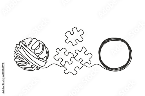 Chaos and order abstract minimalist concept vector illustration. Metaphor of disorganized difficult problem, mess with black single continuous tangle thread in need of unraveling isolated on white