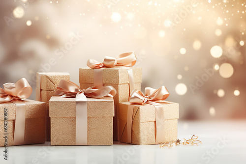 golden wrapped christmas gift box with ribbons with a bokeh background