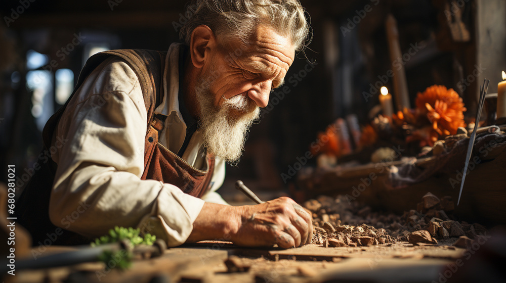Elderly male carpenter with a woodworking.