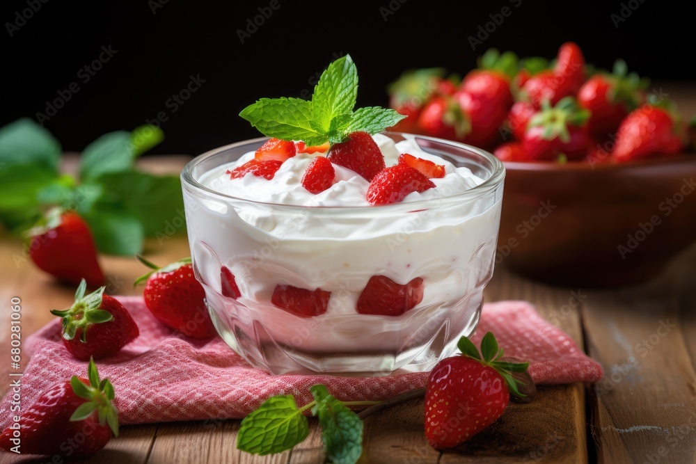 a close up of a bowl of food on a table with strawberries on the table and a bowl of strawberries in the background. a close up of a bowl of food on a table with strawberries on the table and a bowl of strawberries in the background.