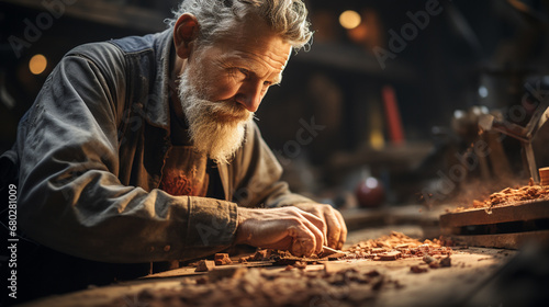 Elderly male carpenter with a woodworking.