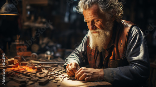 Elderly male carpenter with a woodworking.