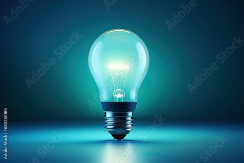  a glowing light bulb on a blue background with a reflection of a light bulb on the bottom of the bulb.
