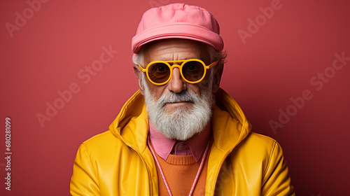 Elderly man in yellow clothes on pink background. © andranik123