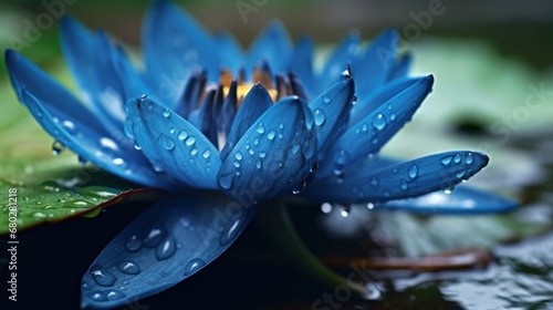 Blue water lily with rain drops on the petals  nature background. Spa Concept. Springtime concept with copy space.