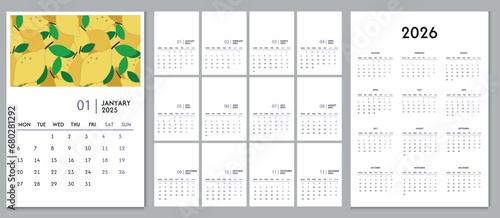 the template is a folding calendar with a place for a print for 2025. minimalistic modern design with weekends marked in blue. calendar sheet for 2026
