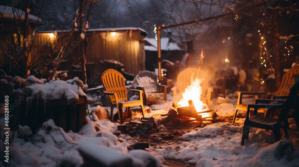 Bonfire in the yard of a country house during a snowfall Bonfire in the yard of a country house during a snowfall