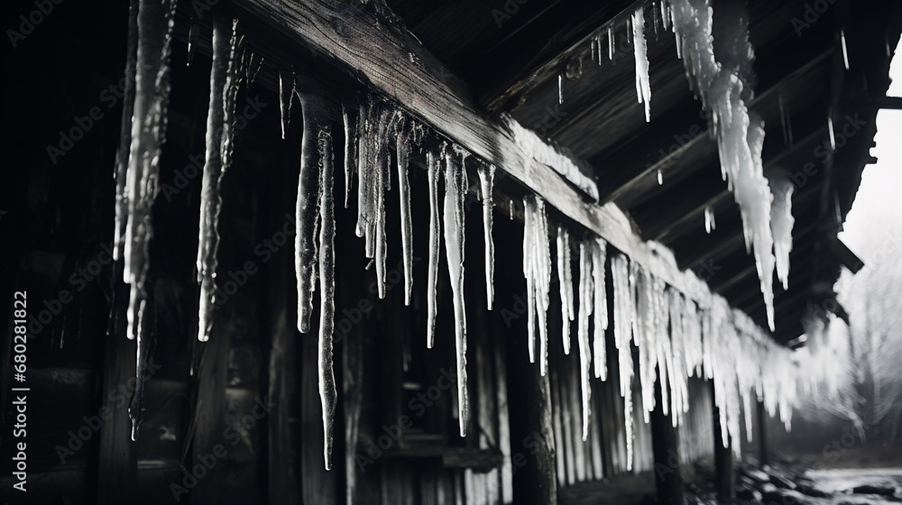 Icicles hanging from the roof of a wooden house in winter. Icicles hanging from the roof of a wooden house in winter.