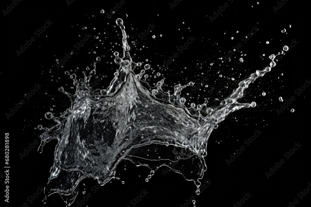  a black and white photo of a splash of water on a black background with a drop of water coming out of it.