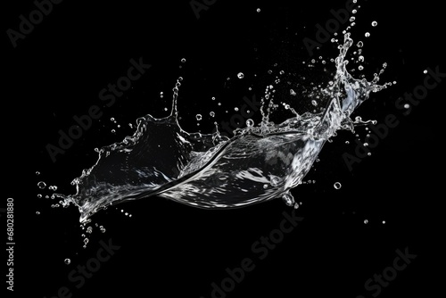  a black and white photo of water splashing on top of a piece of paper with a leaf on it.