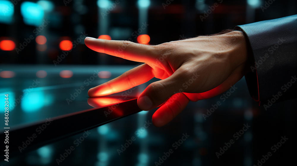 Male finger touching in red button.