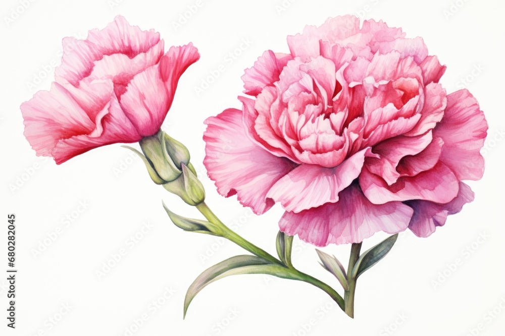 a painting of two pink peonies on a white background with a green stem in the foreground and a single pink peonie in the foreground. a painting of two pink peonies on a white background with a green stem in the foreground and a single pink peonie in the foreground.