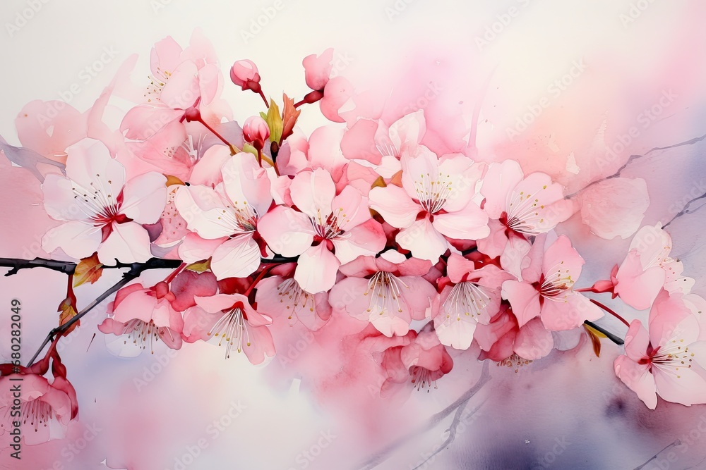  a painting of a bunch of pink flowers on a branch with a blurry background of blue, pink, and white.