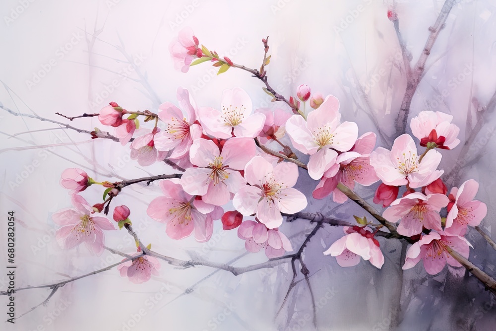  a painting of pink flowers on a branch with white and pink flowers in the middle of the branch, on a white and pink background.