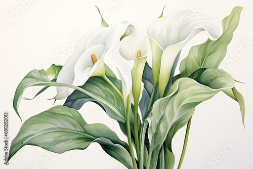  a painting of a white flower with green leaves in a vase on a white background with a white wall in the background.