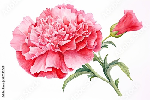  a painting of a pink carnation flower with green leaves on the stem and a pink flower with green leaves on the stem.