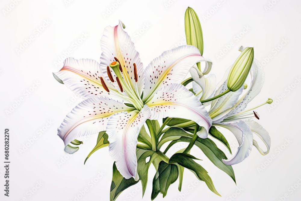  a painting of a bouquet of white lilies with green leaves on a white background with a white wall in the background.