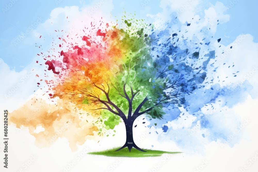 a multicolored tree with a blue sky in the back ground and clouds in the back ground and a blue sky in the back ground. a multicolored tree with a blue sky in the back ground and clouds in the back ground and a blue sky in the back ground.