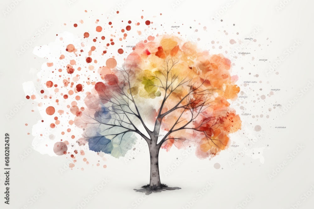  a watercolor painting of a tree with a lot of colors on it's branches and a white background.