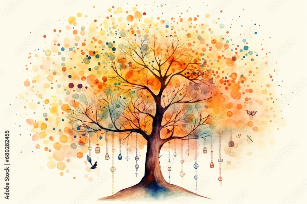  a watercolor painting of a tree with lots of colorful leaves and a bird flying in front of the tree.