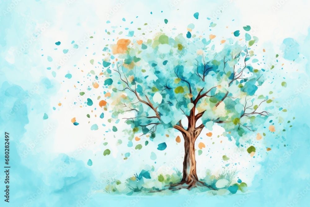 a watercolor painting of a tree with lots of leaves on it's branches and a blue sky in the background. a watercolor painting of a tree with lots of leaves on it's branches and a blue sky in the background.
