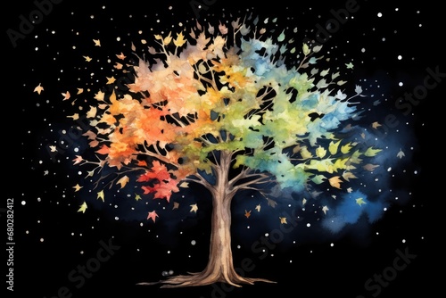  a painting of a tree with multicolored leaves in the shape of a heart on a black background with stars.
