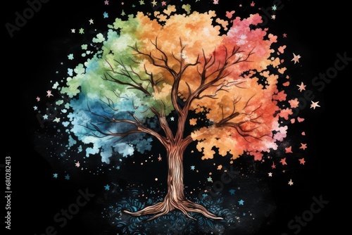  a watercolor painting of a tree with stars on it's branches and the colors of the tree are multicolored.