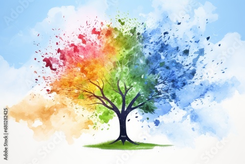  a multicolored tree with a blue sky in the back ground and clouds in the back ground and a blue sky in the back ground.