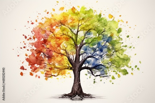  a watercolor painting of a tree with multicolored leaves in the shape of a rainbow on a white background.