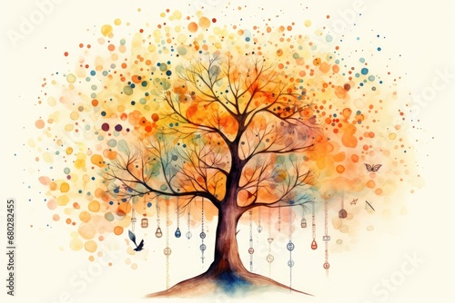  a watercolor painting of a tree with lots of colorful leaves and a bird flying in front of the tree.