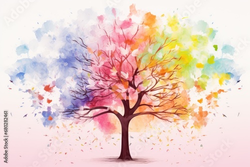  a watercolor painting of a colorful tree with lots of leaves on it's branches and a pink background.